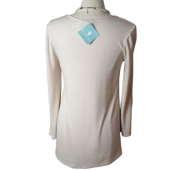 Blooms In The City Boho Tunic M Beige Laceup Lng Slv Flare Hippi V-Neck Chic NEW - Picture 3 of 7